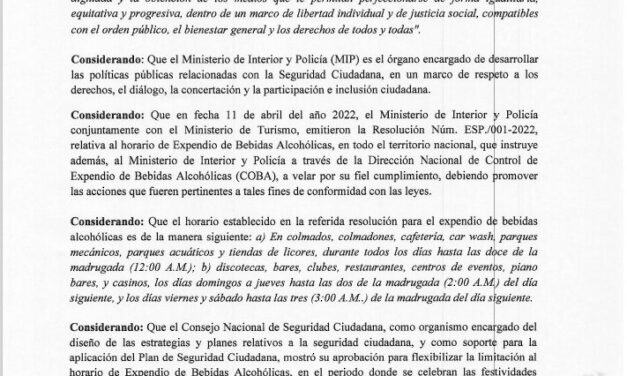Ministerio de Interior y Policía emite resolución que extiende horario de venta de bebidas alcohólicas durante Navidad y Año Nuevo