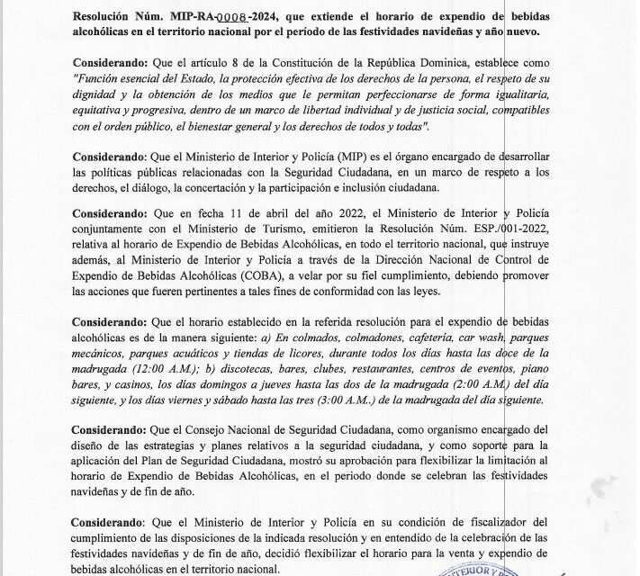 Ministerio de Interior y Policía emite resolución que extiende horario de venta de bebidas alcohólicas durante Navidad y Año Nuevo
